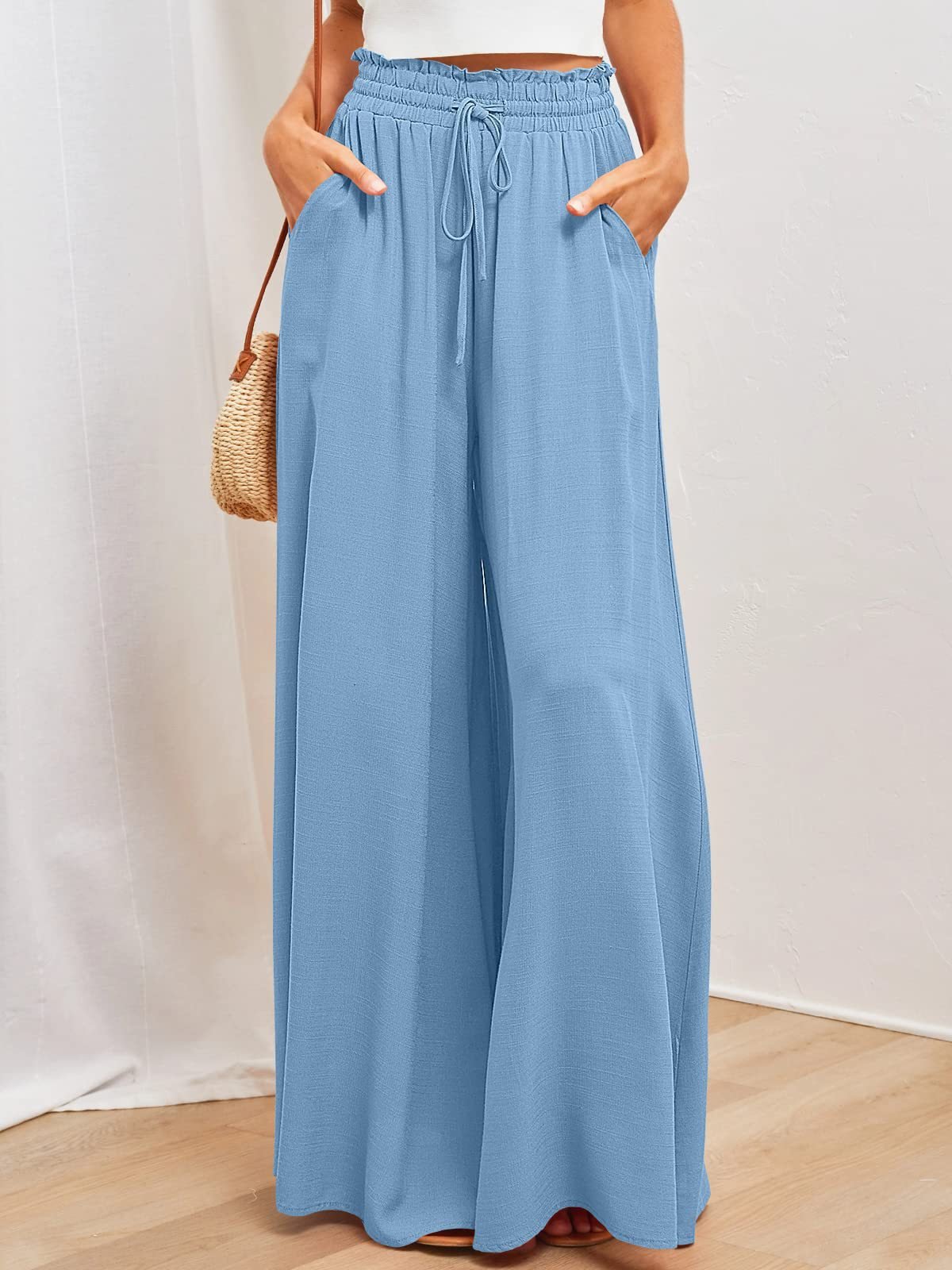 NOW einfarbige, weit geschnittene High-Waist-Hose ¨C Baumwollmischung, lockere Passform und verstellbarer Kordelzug