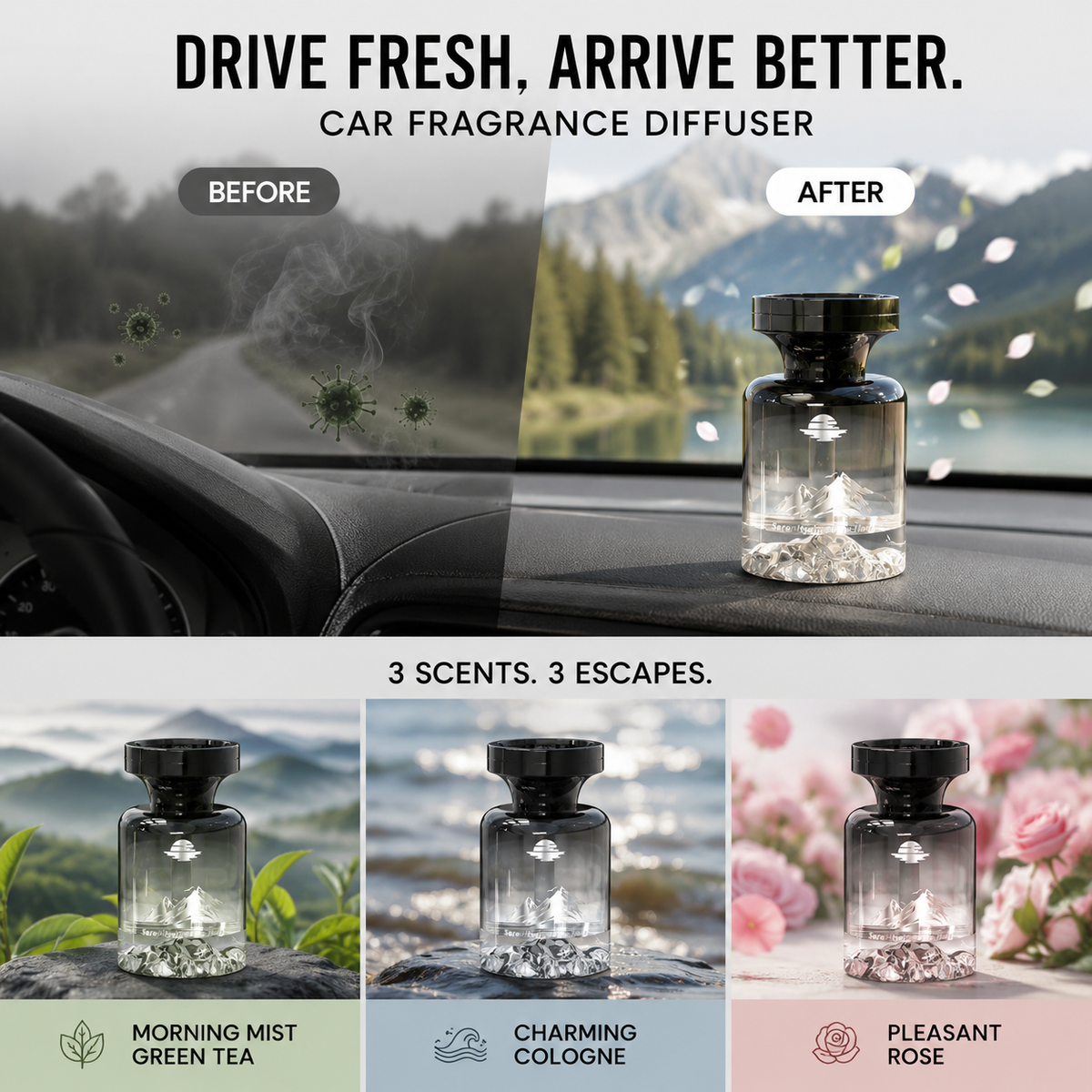 110ml Long-Lasting Car Air Freshener ¨C Natural plant extracts, eliminates smoke & pet odours. Weeks of freshness. Mountain design. Breath e