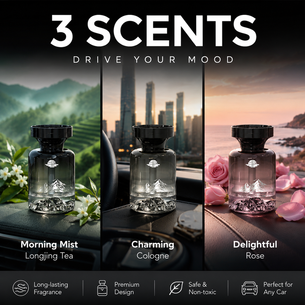 110ml Long-Lasting Car Air Freshener ¨C Natural plant extracts, eliminates smoke & pet odours. Weeks of freshness. Mountain design. Breath e