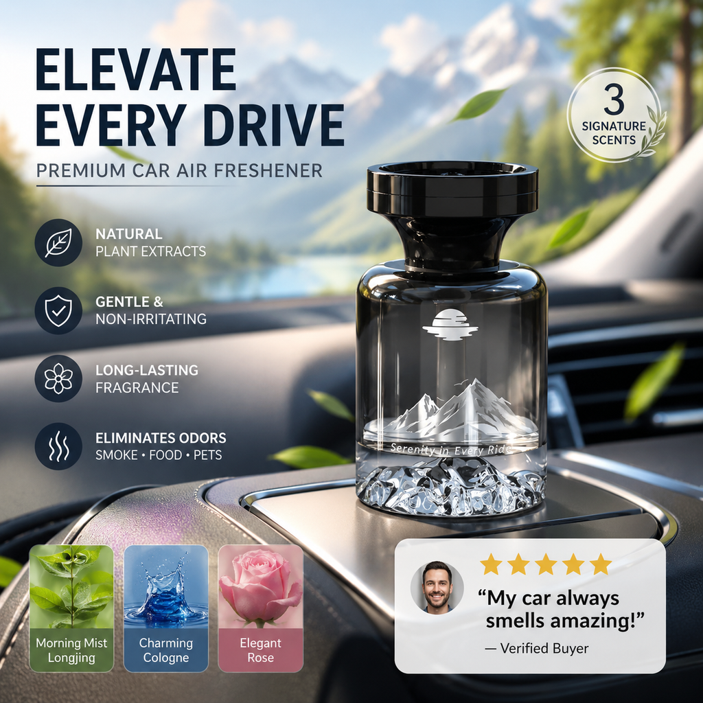 110ml Long-Lasting Car Air Freshener ¨C Natural plant extracts, eliminates smoke & pet odours. Weeks of freshness. Mountain design. Breath e