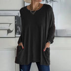 T-shirt voor dames met ronde hals, lange mouwen en losse pasvorm, met zakken