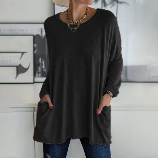 T-shirt voor dames met ronde hals, lange mouwen en losse pasvorm, met zakken