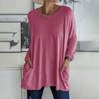 T-shirt voor dames met ronde hals, lange mouwen en losse pasvorm, met zakken