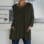 T-shirt voor dames met ronde hals, lange mouwen en losse pasvorm, met zakken