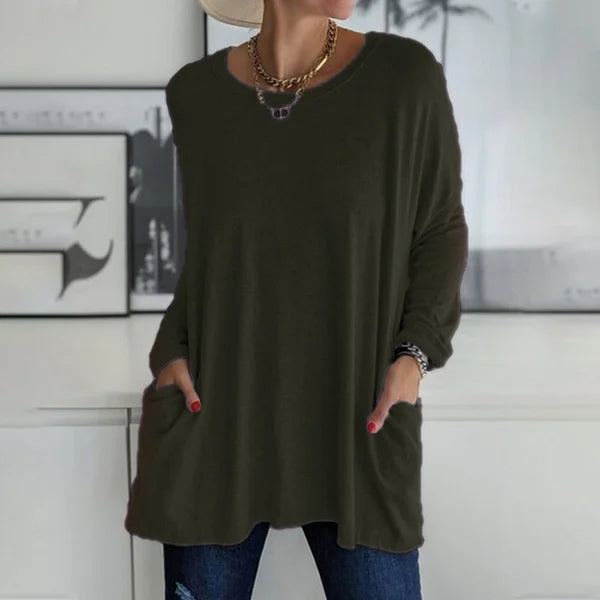 T-shirt voor dames met ronde hals, lange mouwen en losse pasvorm, met zakken