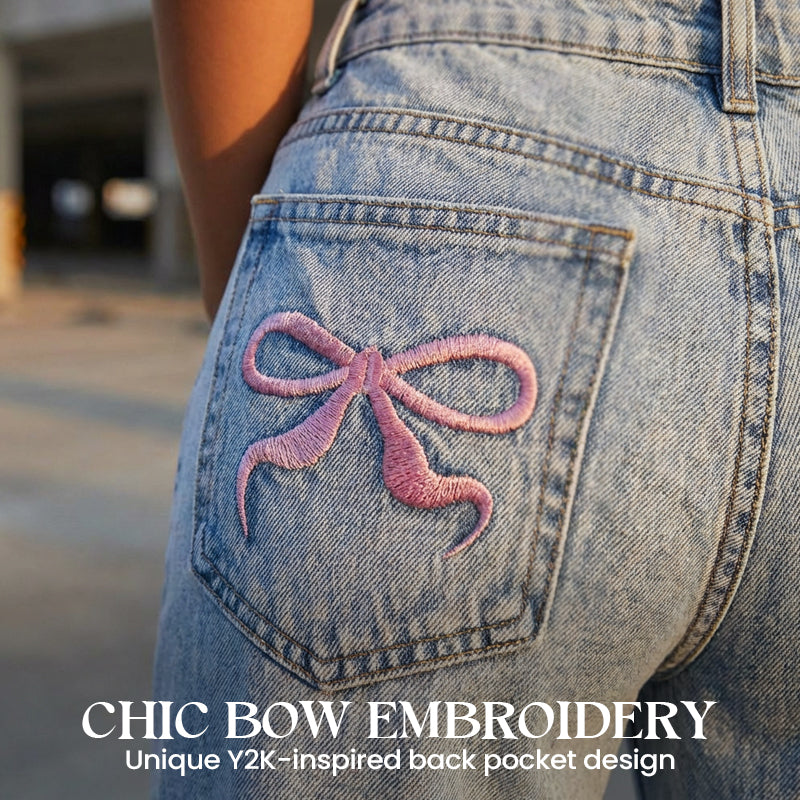 High-Elasticity Plus-size Embroidered Bow Jeans