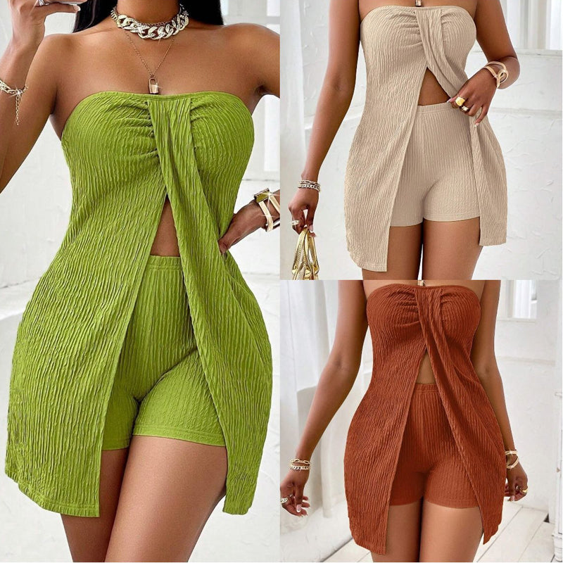 Women's Strapless Split Hem Top & Shorts 2-Piece Set
