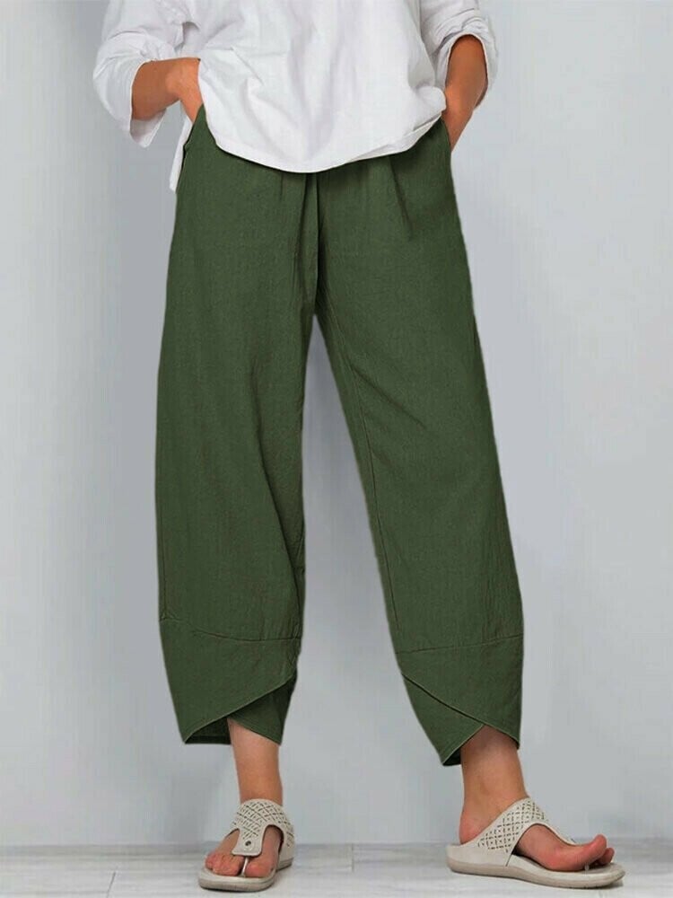 Vintage Asymmetrical Elastic Waist Pockets Pants