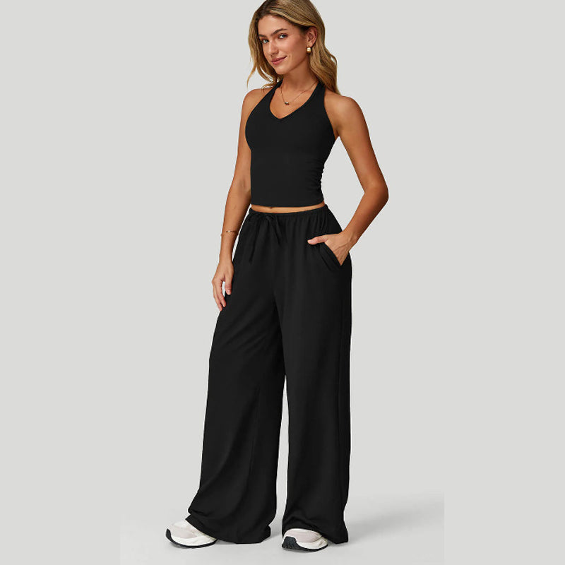 Set für Damen aus Neckholder-Crop-Top und Hose mit weitem Bein