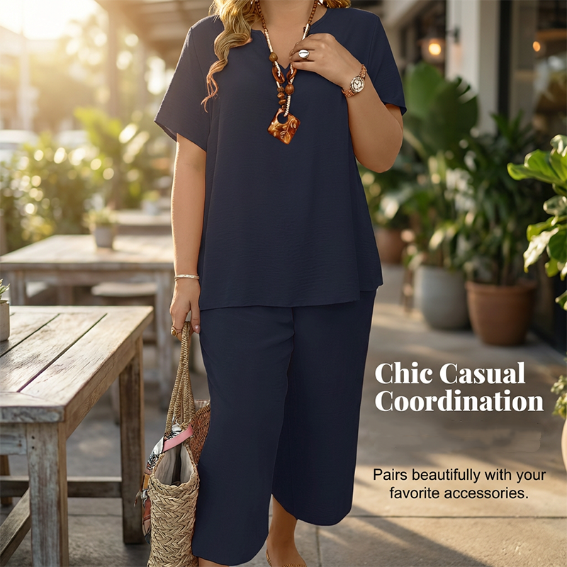 Lässiges Set für Damen aus kurzärmeligem Oberteil und Hose mit weitem Bein