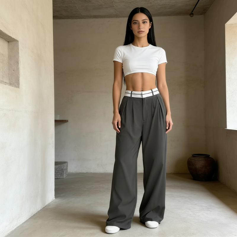 Women's Wide-Leg Suit Pants with Contrast Waistband