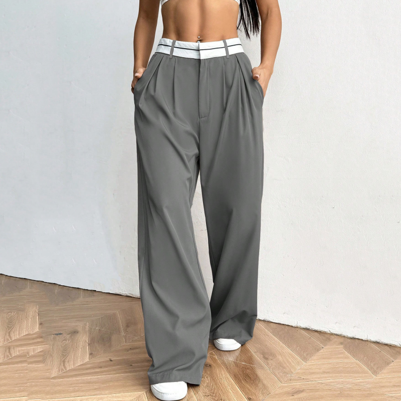 Women's Wide-Leg Suit Pants with Contrast Waistband