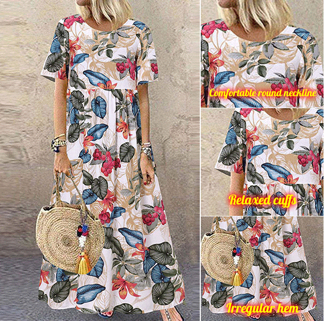 New Style Round Neck Casual Women's Retro Printed Loose Long Skirt