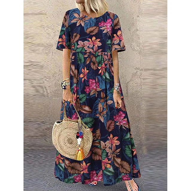 New Style Round Neck Casual Women's Retro Printed Loose Long Skirt