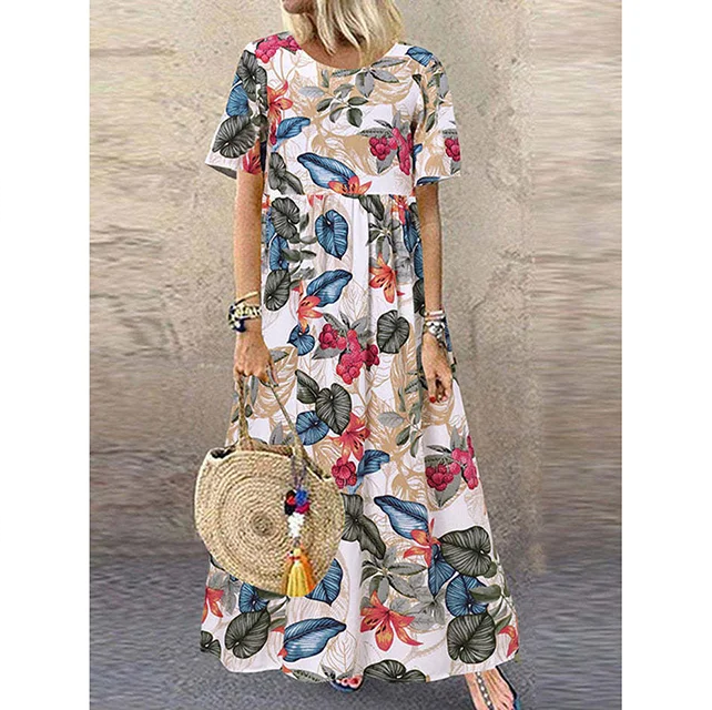 New Style Round Neck Casual Women's Retro Printed Loose Long Skirt