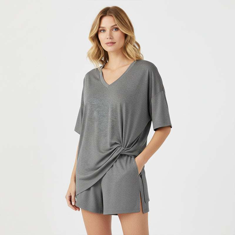 Women's Lounge V-Neck Top & Shorts Set ¨C Oversized, Drapey, Two-Piece