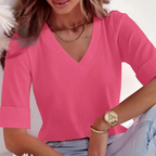 Women's V-Neck Cuffed Sleeve Ribbed T-Shirt