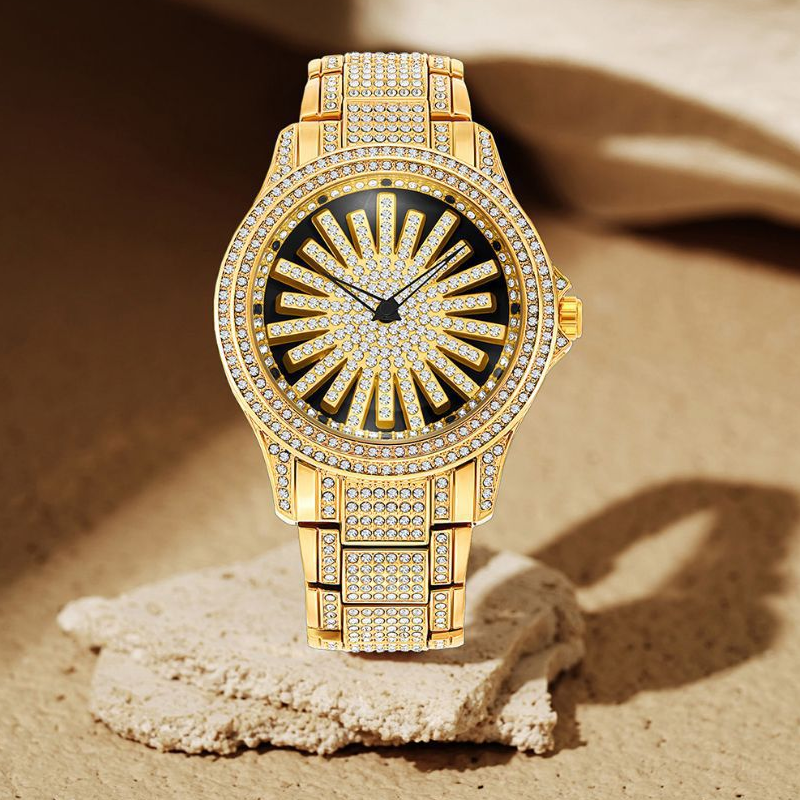 Men's Iced-Out Watch with Rotating Dial ¨C Sparkling Crystals, Precise Quartz & Butterfly Clasp