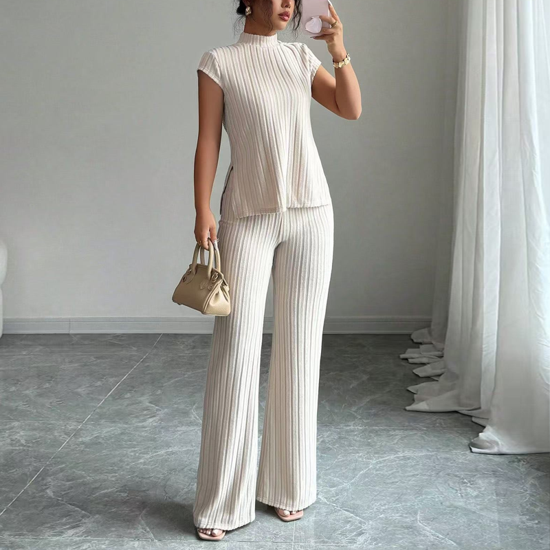 Elegant Mock Neck Top & Wide-Leg Pants 2-Piece Set
