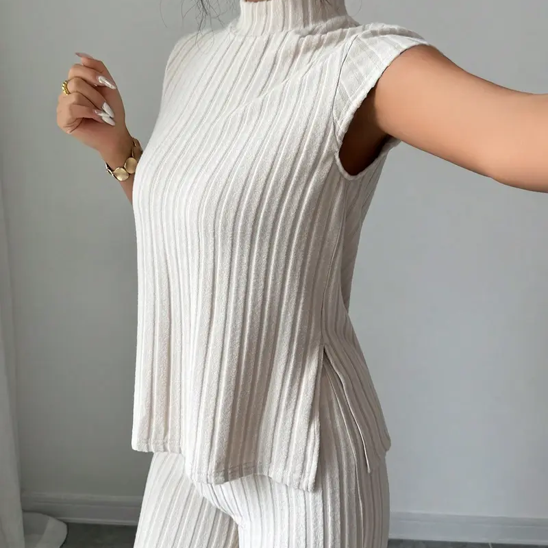 Elegant Mock Neck Top & Wide-Leg Pants 2-Piece Set