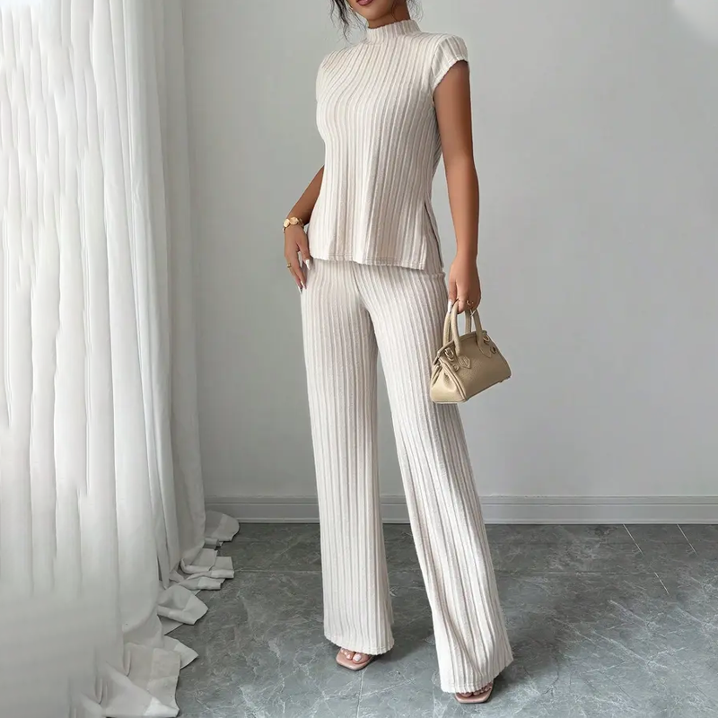Elegant Mock Neck Top & Wide-Leg Pants 2-Piece Set