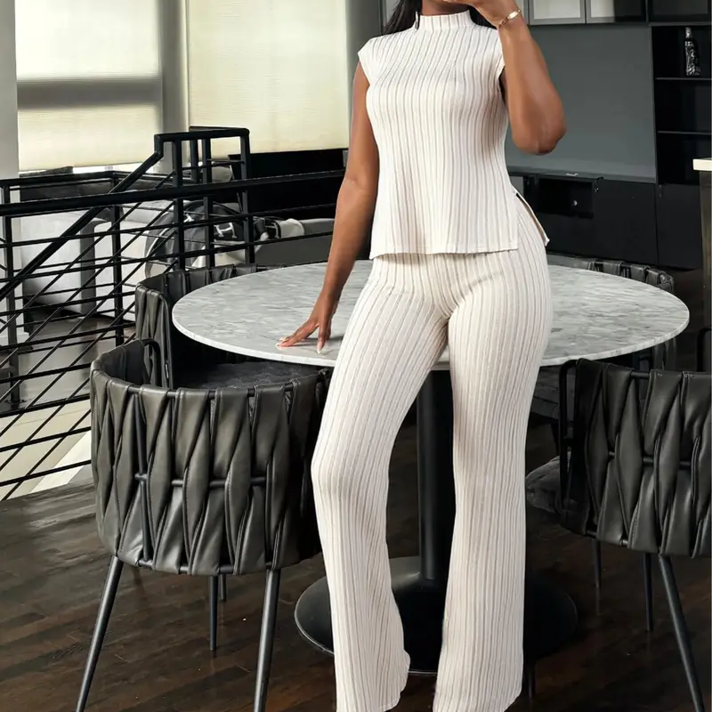 Elegant Mock Neck Top & Wide-Leg Pants 2-Piece Set