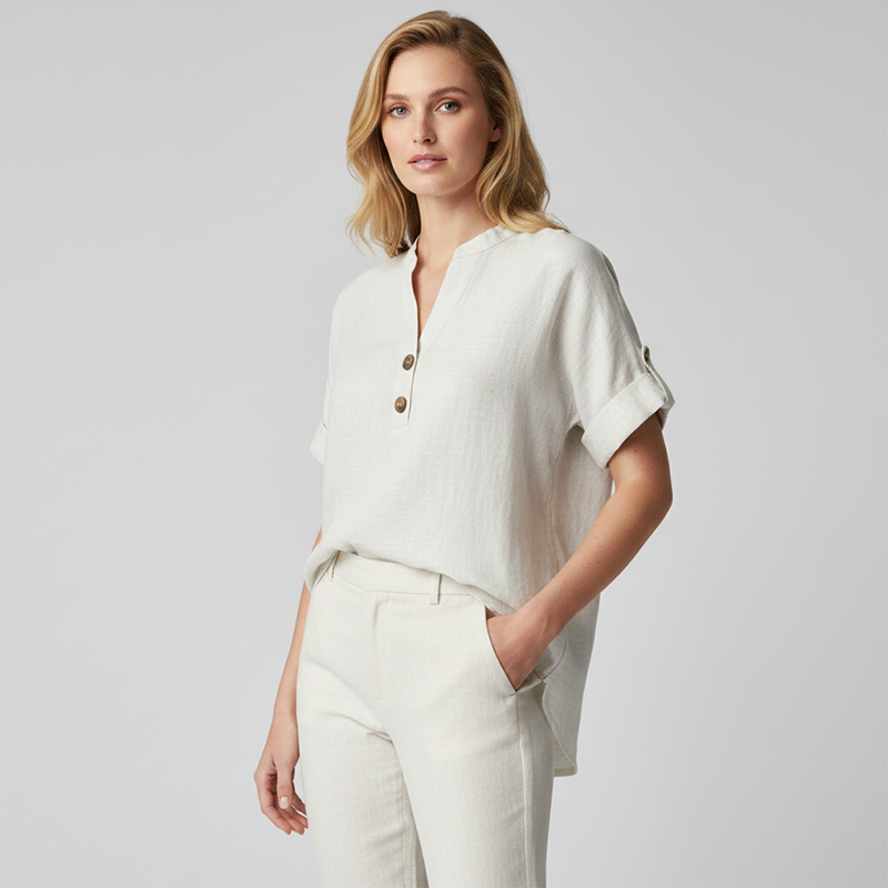 Women's V-Neck T-Shirt with Button Placket
