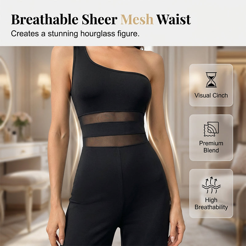 2026 New Arrival One-Shoulder Mesh Panel Wide-Leg Jumpsuit