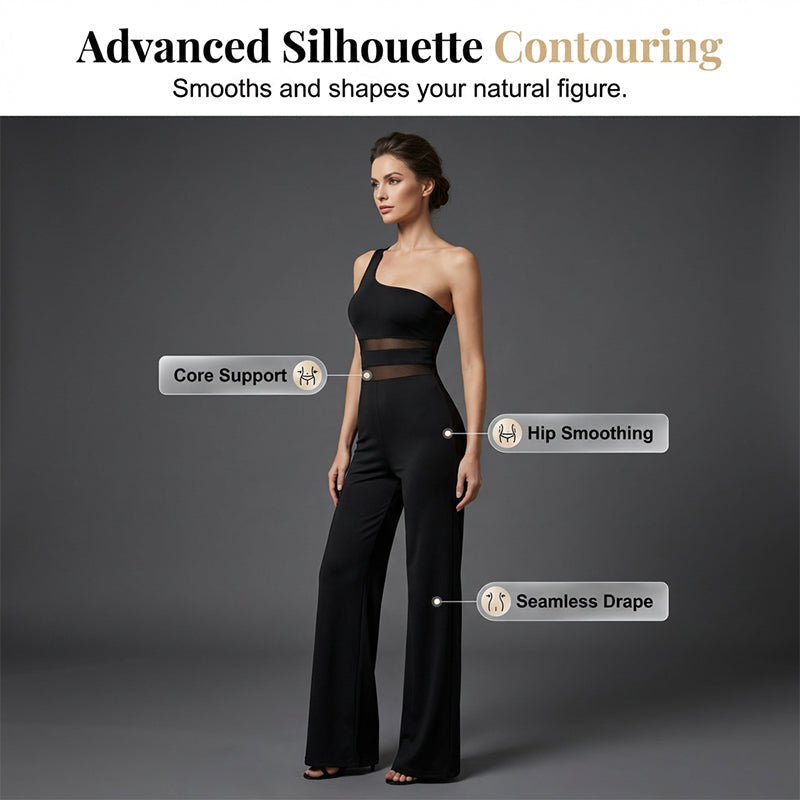 2026 New Arrival One-Shoulder Mesh Panel Wide-Leg Jumpsuit