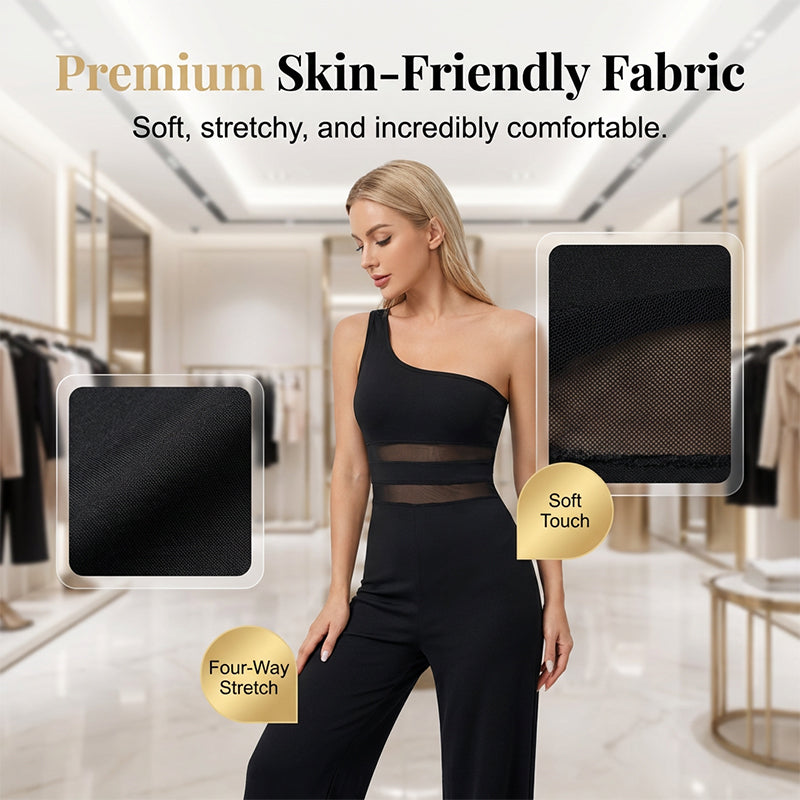 2026 New Arrival One-Shoulder Mesh Panel Wide-Leg Jumpsuit