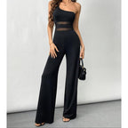 2026 New Arrival One-Shoulder Mesh Panel Wide-Leg Jumpsuit