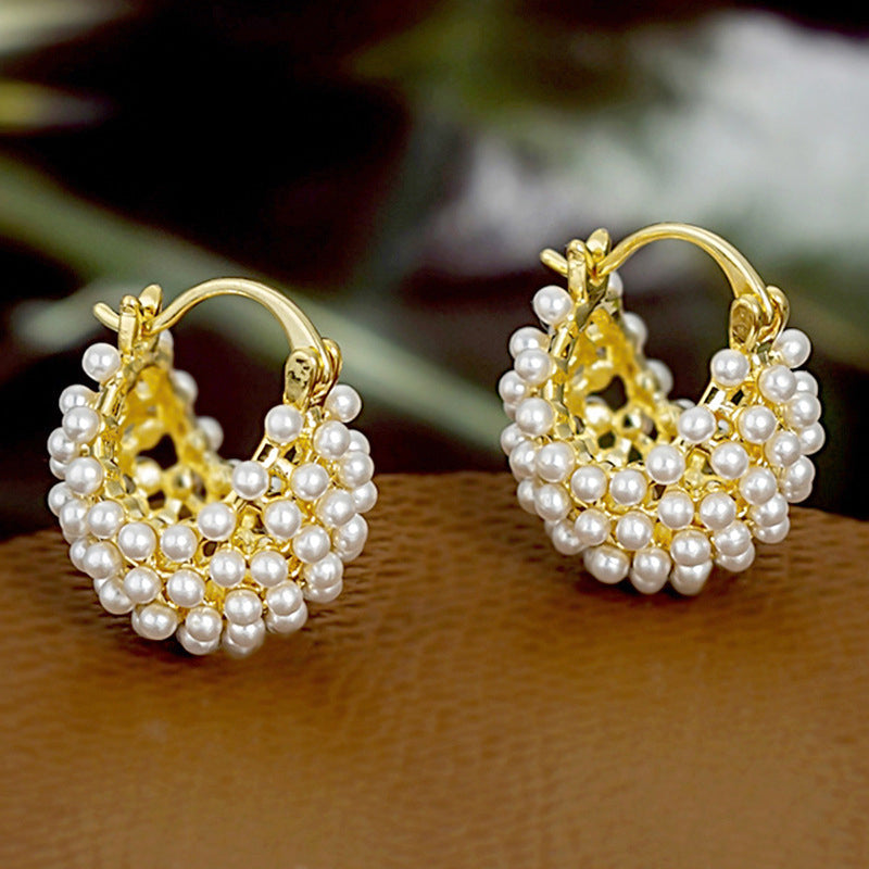 Faux Pearl Basket Hoop Earrings