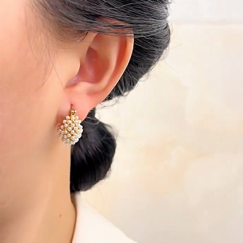 Faux Pearl Basket Hoop Earrings