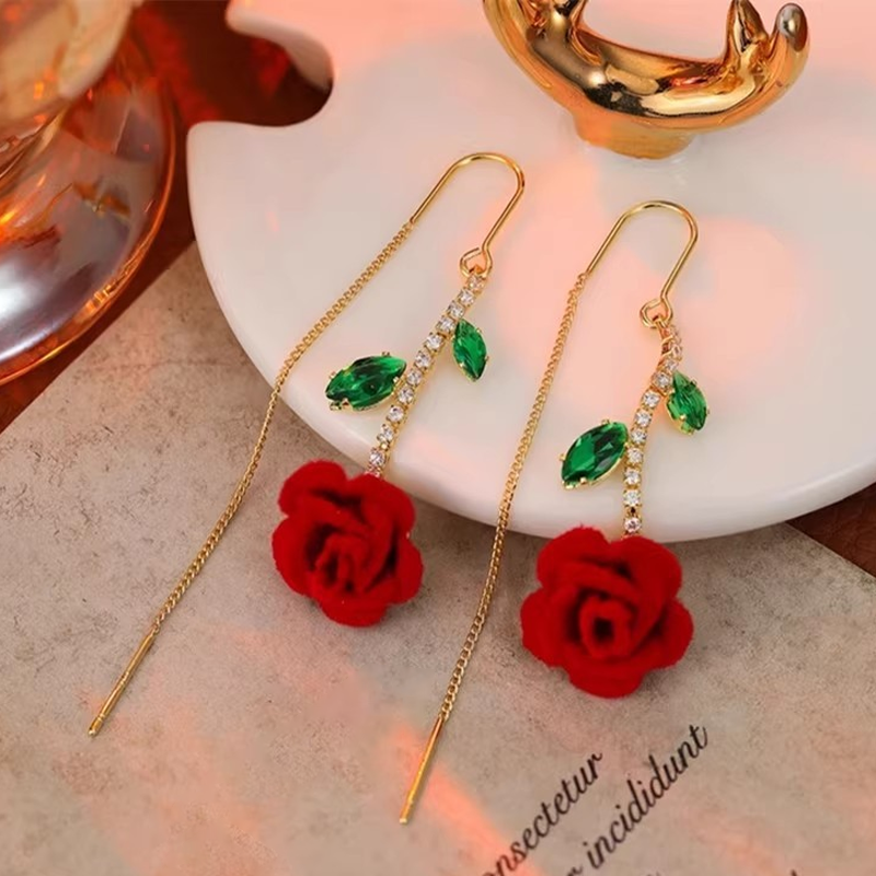 Red Rose Threader Earrings with Crystal Stem
