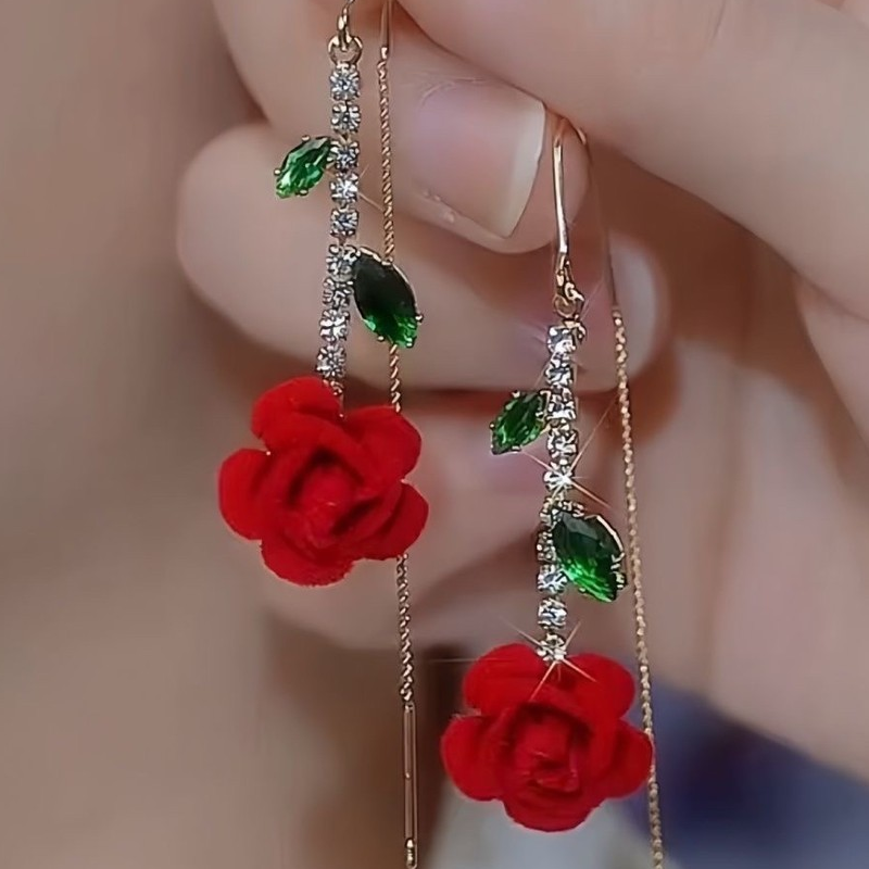 Red Rose Threader Earrings with Crystal Stem