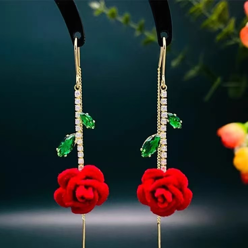 Red Rose Threader Earrings with Crystal Stem