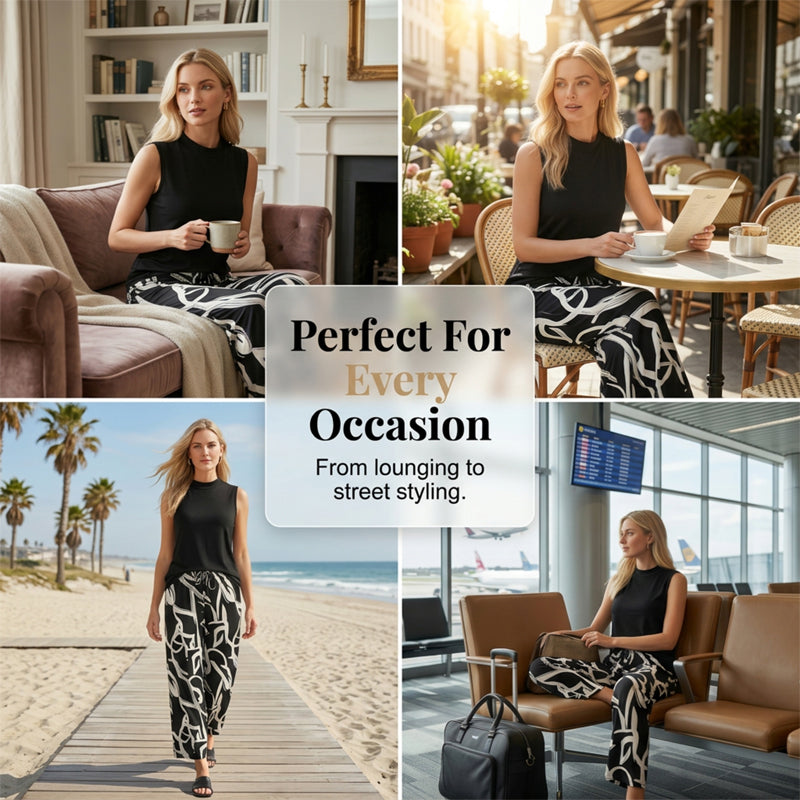 Set aus ärmellosem Damentop und bedruckter Hose mit weitem Bein