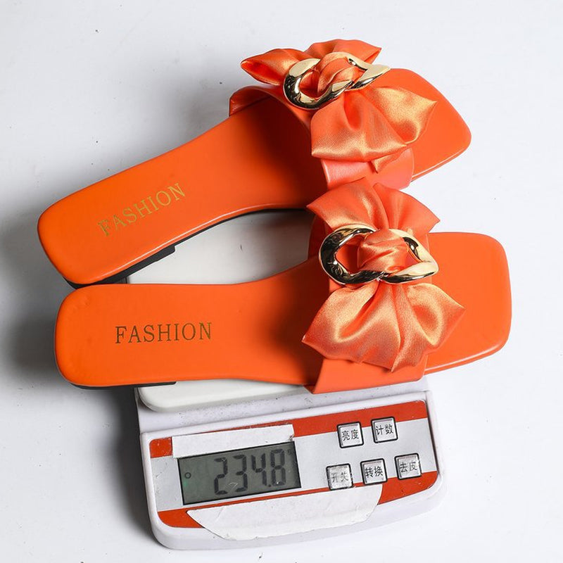 Bow & Chain Decor Flat Slide Sandals