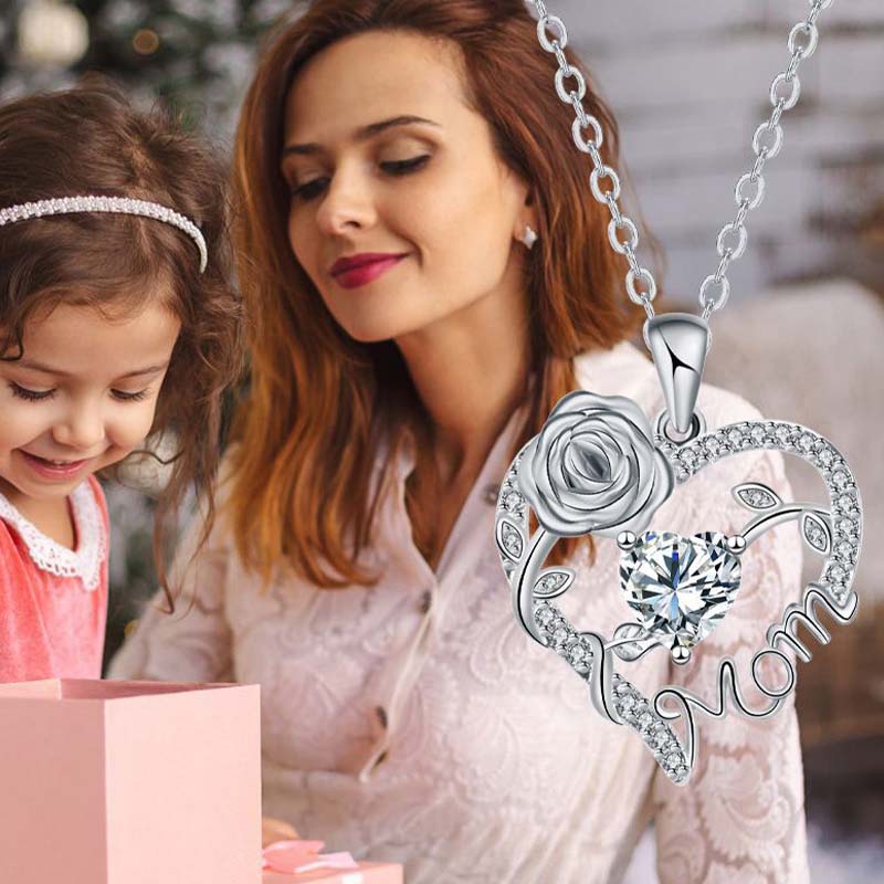 Rose Heart Mom Pendant Necklace