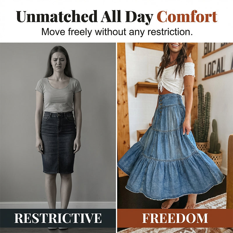 Hoch taillierter Damen-Maxirock aus Denim mit Stufen und A-Linie