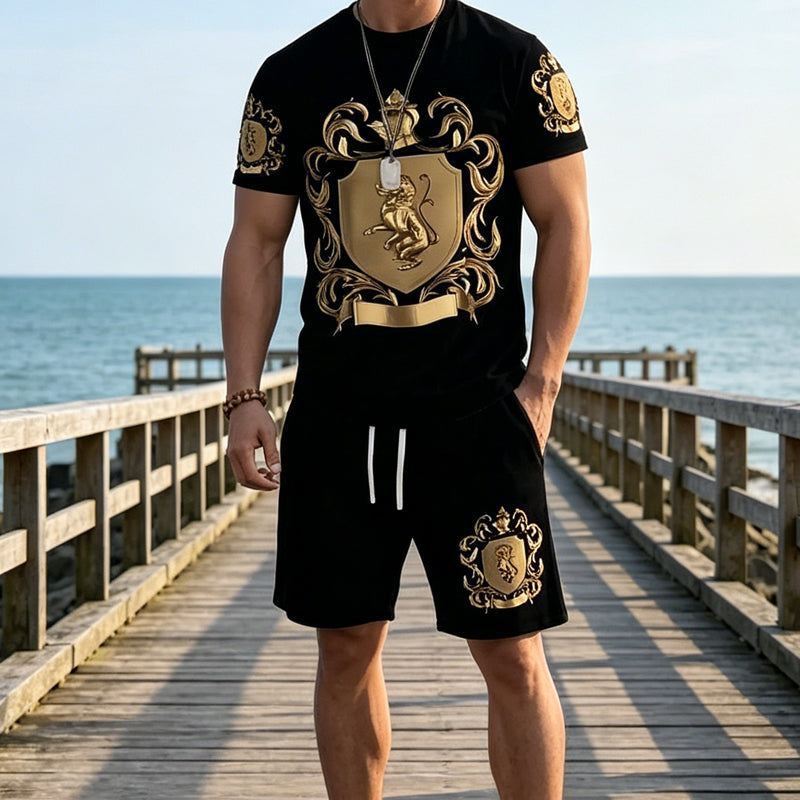 Herren-Set aus T-Shirt und Shorts mit goldenem Wappenaufdruck