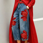 Damen-Jeans mit weitem Bein und Blumenmuster ¨C einzigartiger Applikation, weich, 6 Farben
