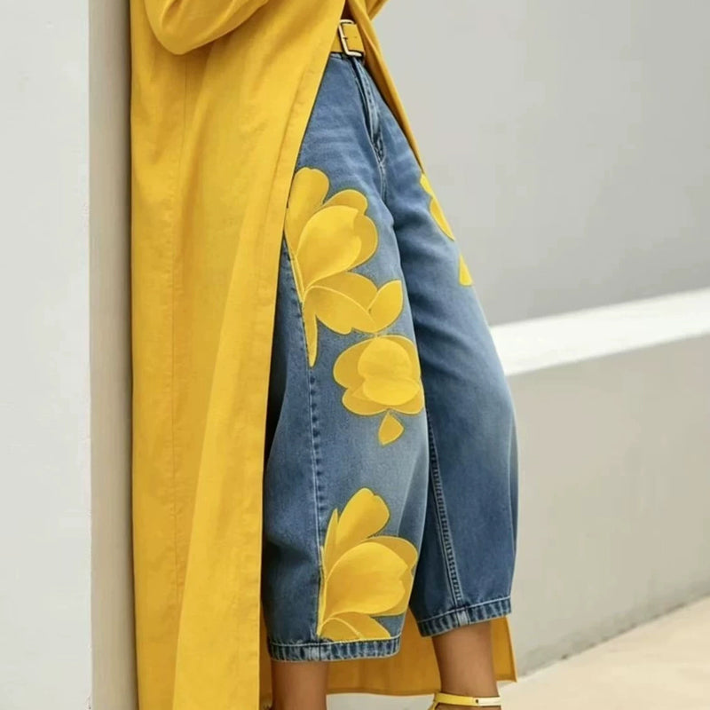 Damen-Jeans mit weitem Bein und Blumenmuster ¨C einzigartiger Applikation, weich, 6 Farben