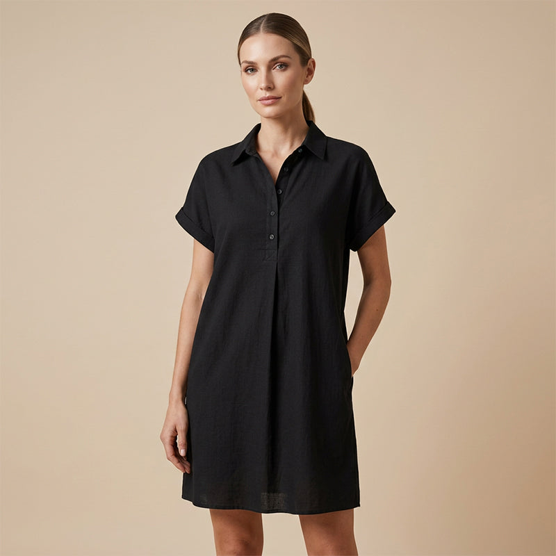 Lässiges Kurzarmkleid mit Knöpfen und Taschen