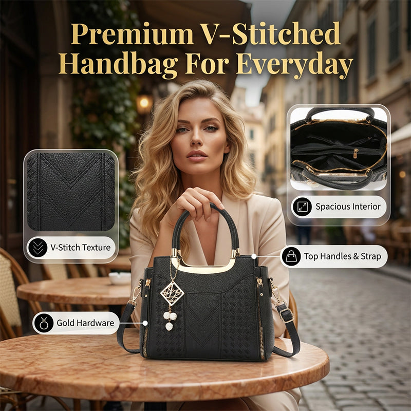 Women's V-Stitched Satchel ¨C Gold Hardware, Multi-Compartment, Top-Handle