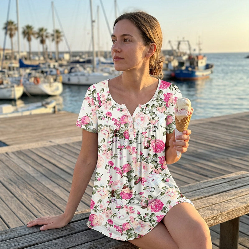 Casual, soepel vallend dames-T-shirt met bloemen en knopen