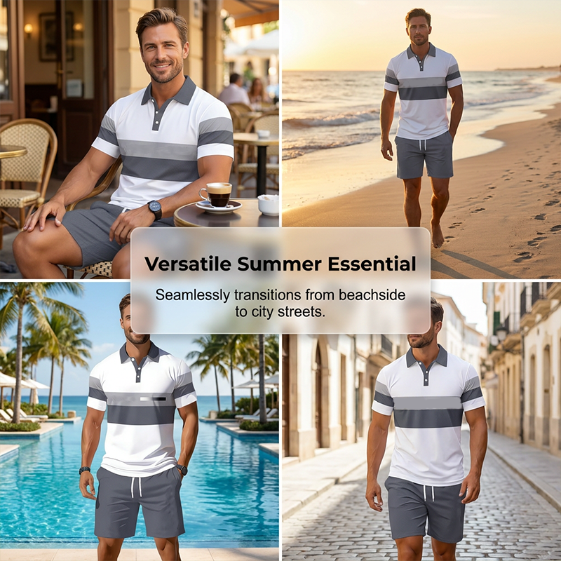 Tweedelige set voor heren met overhemd en short - digitale print, sportieve pasvorm, kreukvrij