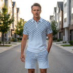 Men's Geometric Print Collared Top & Shorts Set