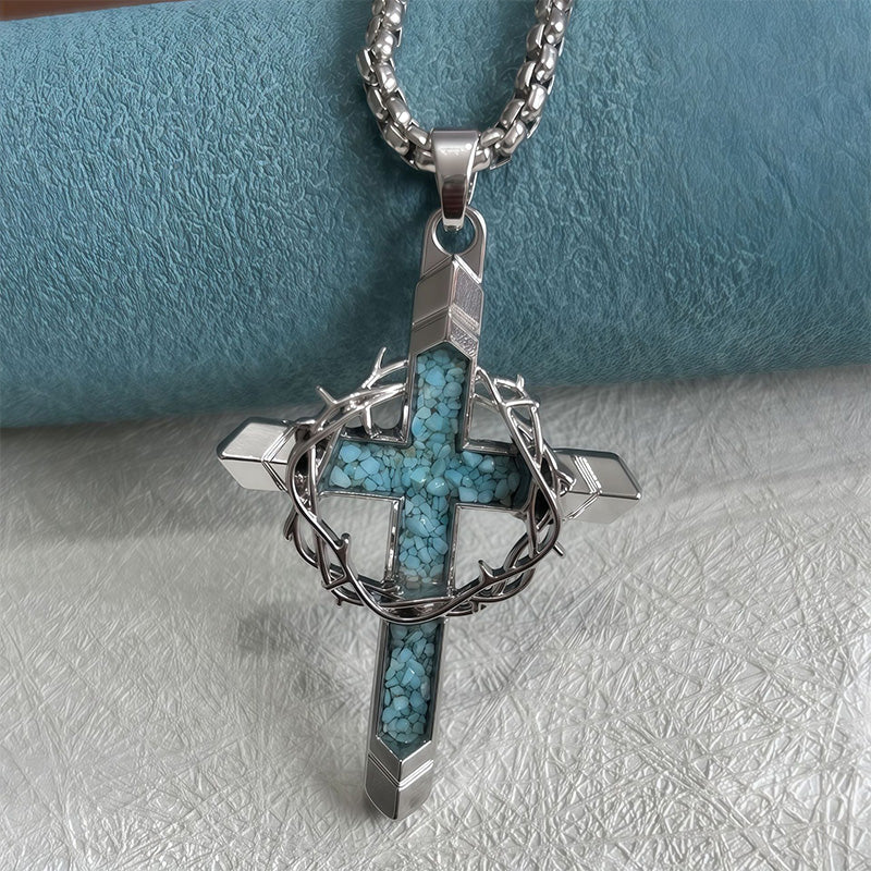 Statement Cross Pendant ¨C Crown of Thorns, Blue Stone Inlay, Vintage Edge