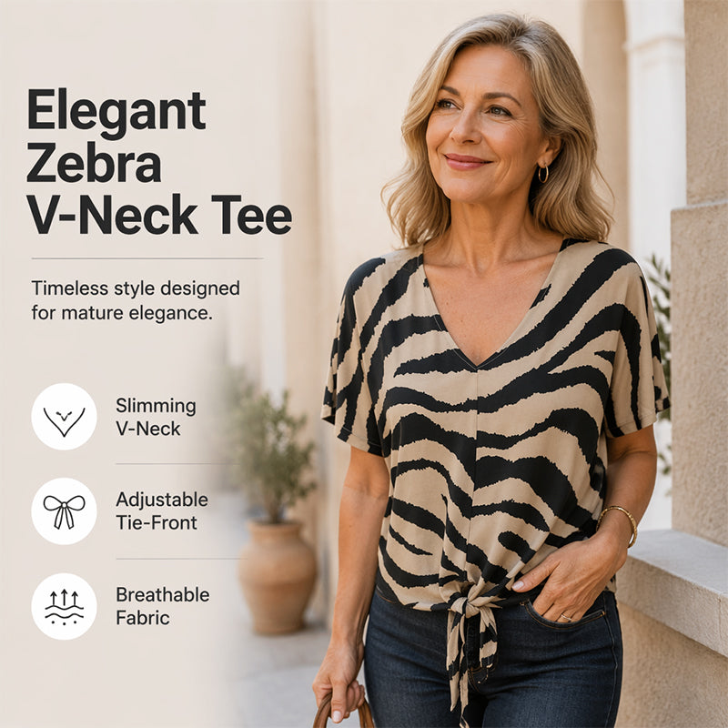 Damen-T-Shirt mit V-Ausschnitt, Bindeband vorne und Zebraprint